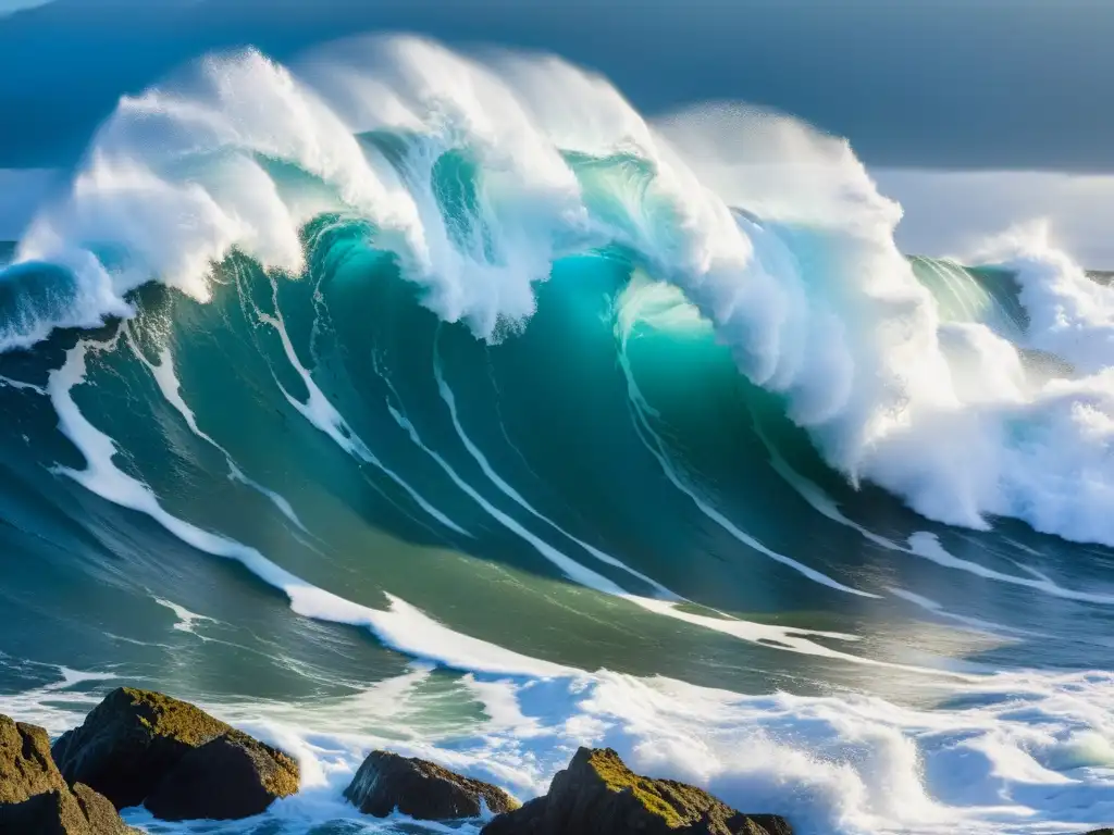 Ola gigante impactante en la costa Explorando la fuerza bruta del océano en un impactante tsunami costero