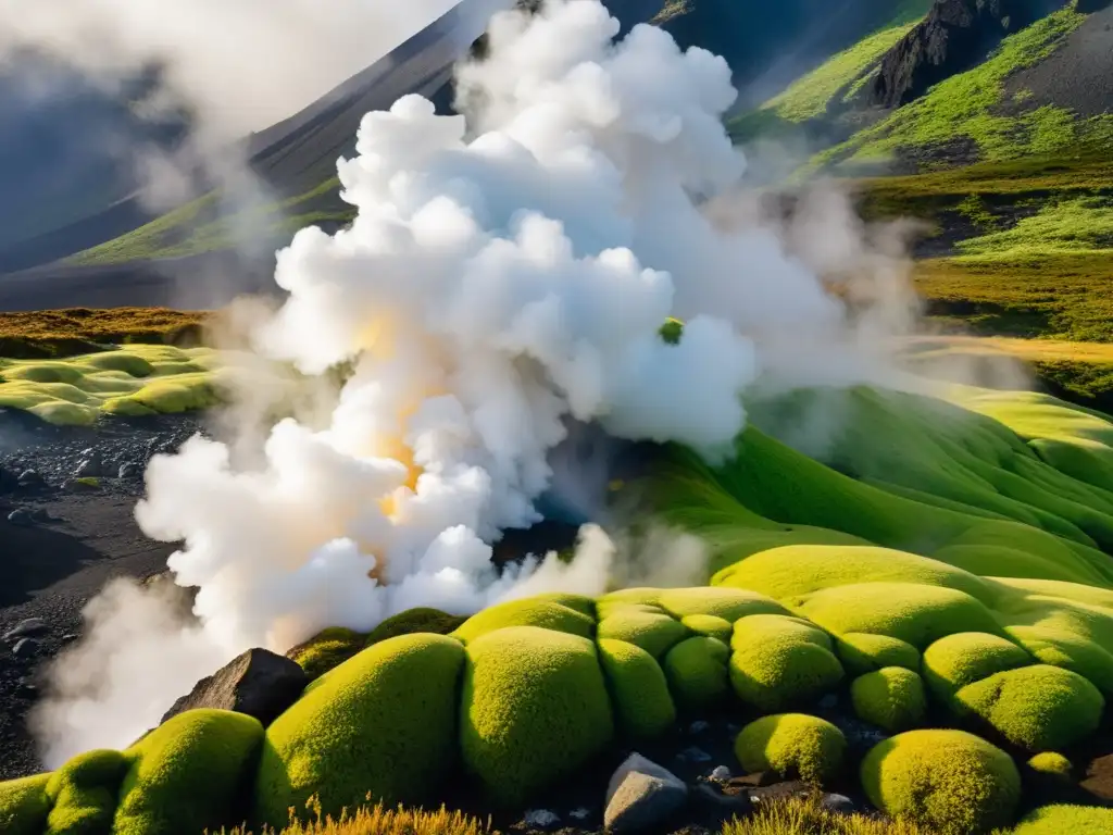 Vapor volcánico entre rocas cubiertas de musgo Una fumarola libera vapor blanco entre rocas cubiertas de musgo, capturando la belleza de fenómenos naturales volcánicos