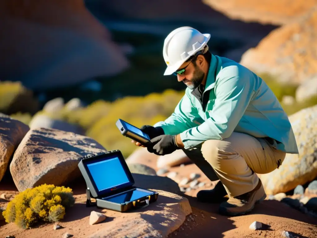 Geólogo analiza minerales con un XRF portátil Un geólogo usando un analizador XRF portátil para minerales, con espectros coloridos en la pantalla