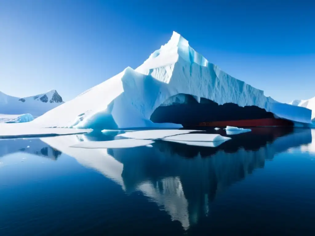 Impresionante iceberg antártico: belleza y urgencia Una gigantesca iceberg en la Antártida, con patrones de hielo azul y blanco
