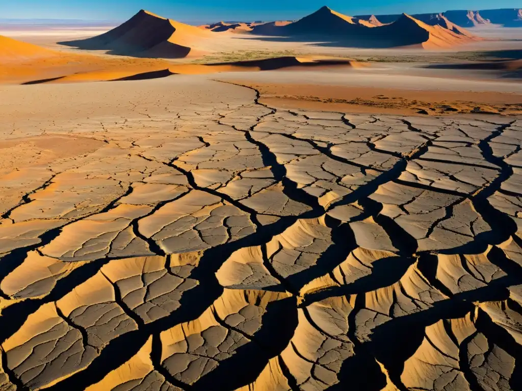 Desolada belleza: paisaje árido con intrincadas grietas Formación de grietas por erosión: Imagen detallada de un paisaje árido con extensas grietas que resaltan la belleza desolada del terreno erosionado