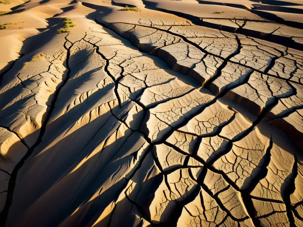 Tierra árida y agrietada: Impacto de la erosión Formación de grietas por erosión: Imagen detallada de la tierra agrietada y reseca, con sombras dramáticas resaltando la red de grietas
