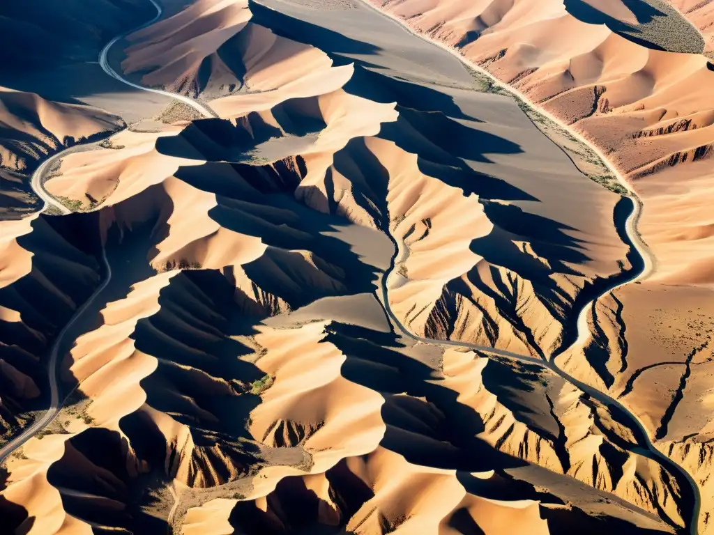 Desierto fracturado: un paisaje desolador y fascinante Formación de grietas por erosión: Paisaje árido con intrincadas grietas serpenteantes, destacadas por la luz solar