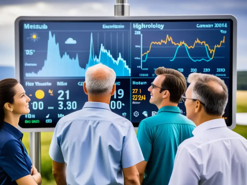 Entusiastas de la meteorología analizan datos con pasión Un grupo apasionado de aficionados a la meteorología analiza datos con entusiasmo alrededor de una estación climatológica