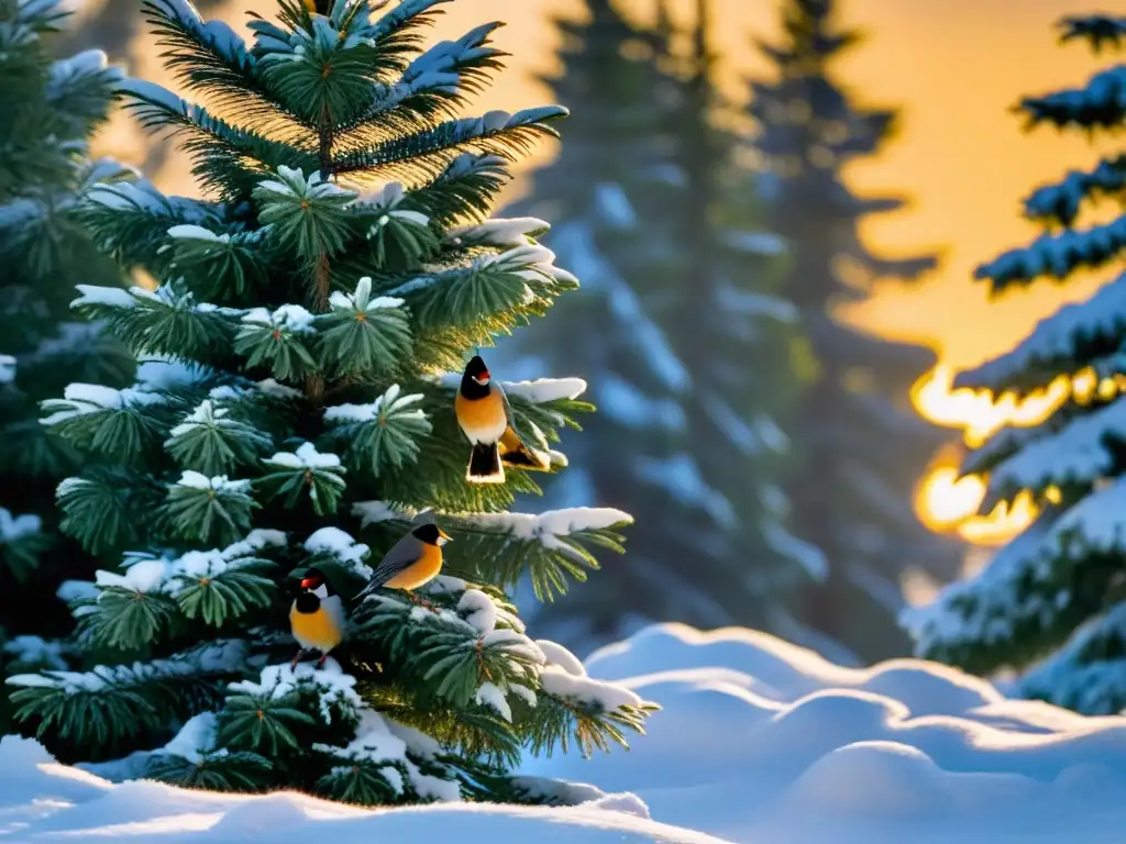 Refugio invernal: aves migratorias en el bosque nevado Grupo de aves migratorias en la hibernación, descansando entre árboles nevados al amanecer