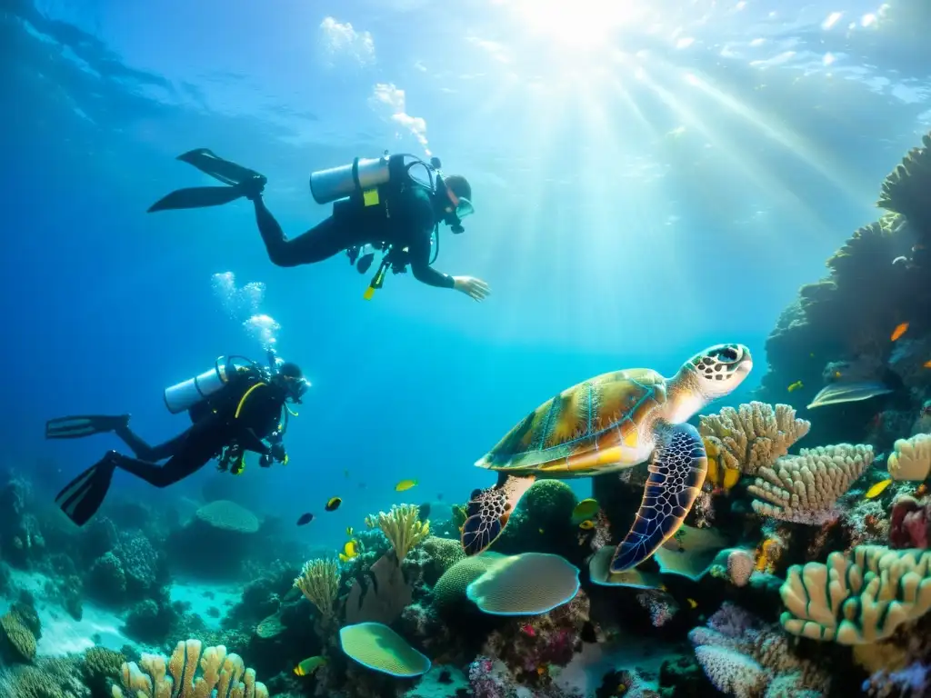 Exploración de arrecifes de coral: biólogos marinos en acción Un grupo de biólogos marinos explorando con detalle un vibrante arrecife de coral, rodeados de peces coloridos y vida marina