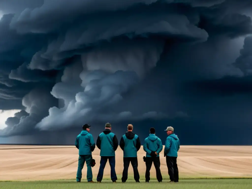 Un grupo de cazadores de fenómenos meteorológicos extremos se prepara para la inminente tormenta, con un cielo amenazador iluminado por relámpagos
