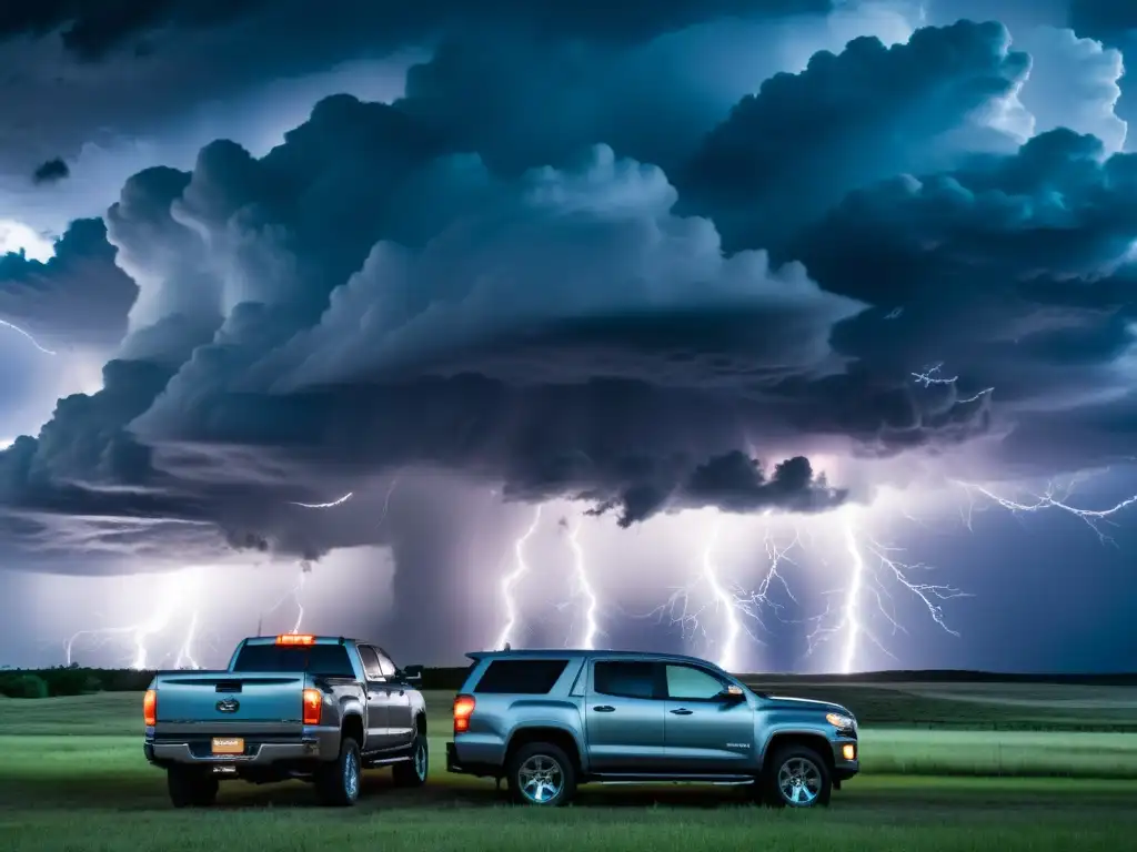 Un grupo de cazadores de fenómenos meteorológicos extremos observa una poderosa tormenta supercélula con nubes oscuras y relámpagos