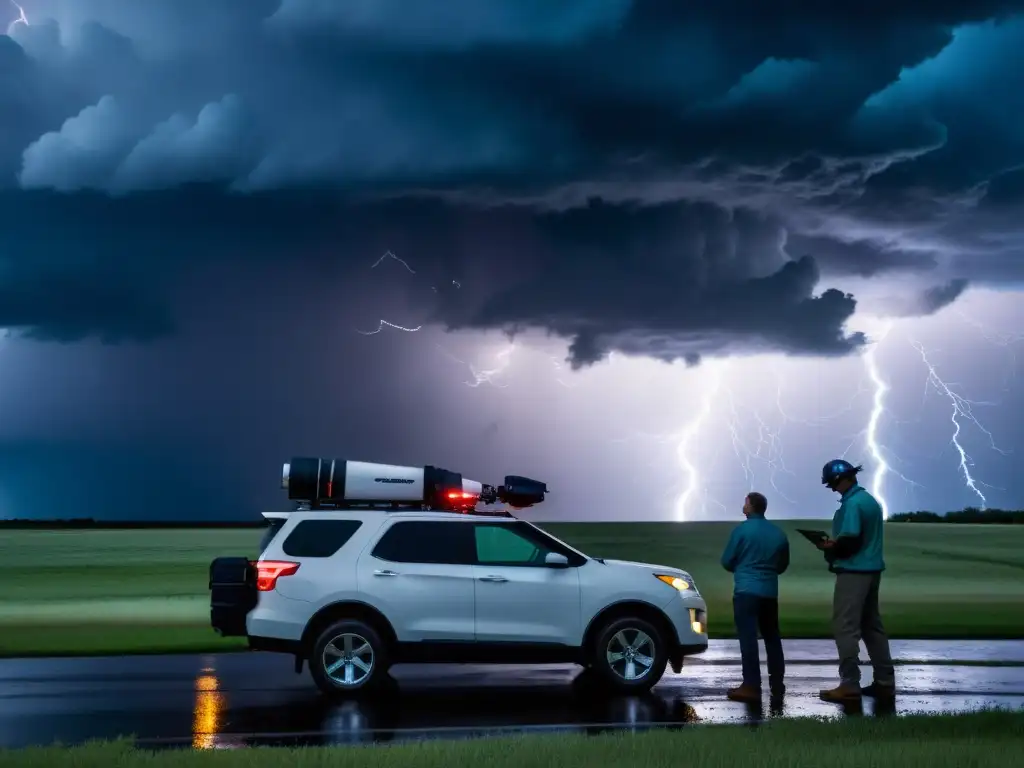 Equipo de cazatormentas en acción bajo una tormenta eléctrica Grupo de cazatormentas con los mejores gadgets y aplicaciones, analizando una tormenta con rayos y nubes ominosas