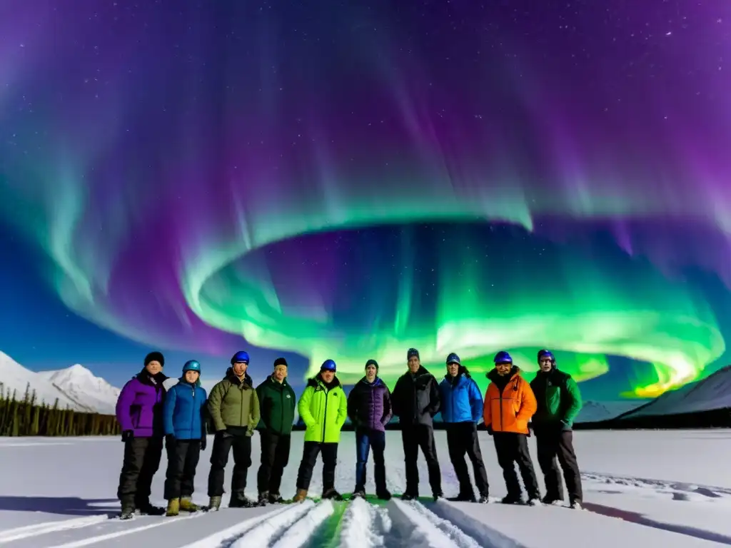 Expedición científica bajo auroras Grupo de científicos observando auroras boreales en expediciones científicas búsqueda auroras, con expresiones de asombro y emoción