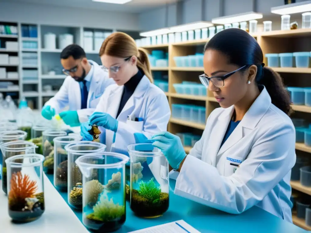 Expertos en laboratorio luchan contra la acidificación oceánica Grupo de científicos en batas blancas preparando con precisión muestras marinas en un laboratorio, frente a la acidificación oceánica