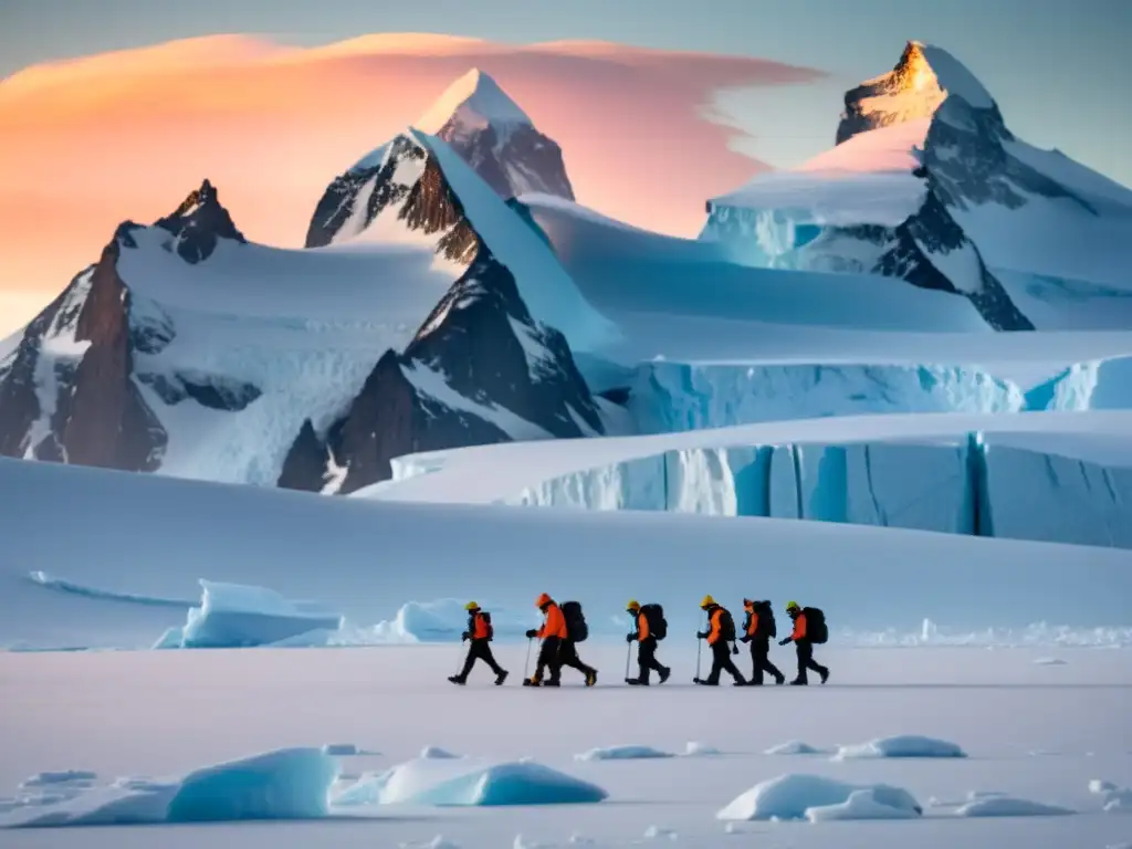 Expedición científica en la Antártida: belleza y desafíos Grupo de científicos en expediciones Antártida cambio climático, explorando el gélido paisaje entre glaciares y montañas al atardecer