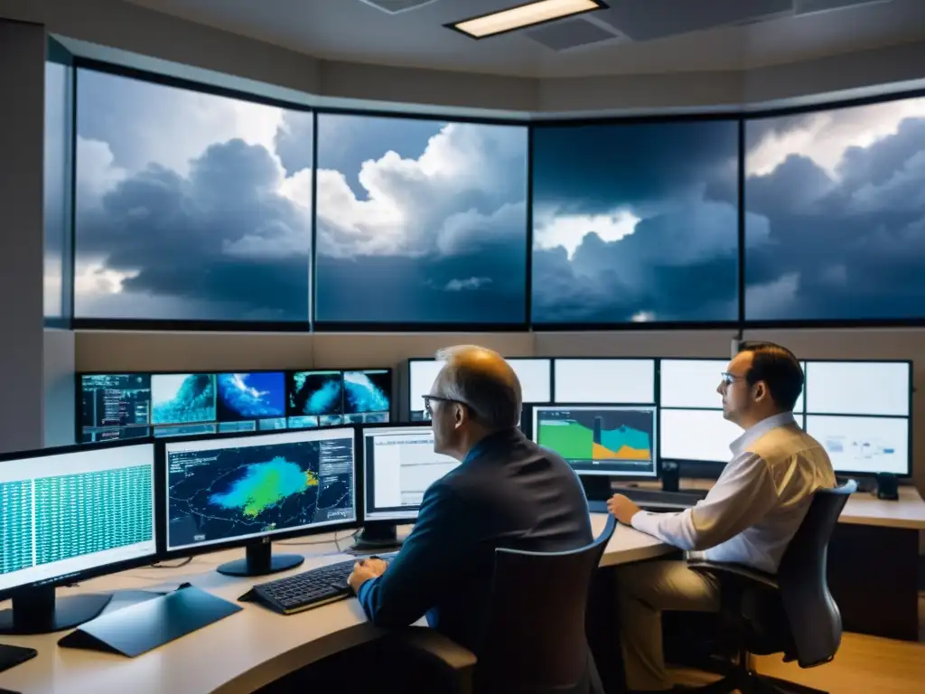 Expertos en Tecnología: Analizando Datos ante la Tormenta Un grupo de científicos y ingenieros analizan datos y estrategias frente a monitores, mientras se reúnen nubes de tormenta