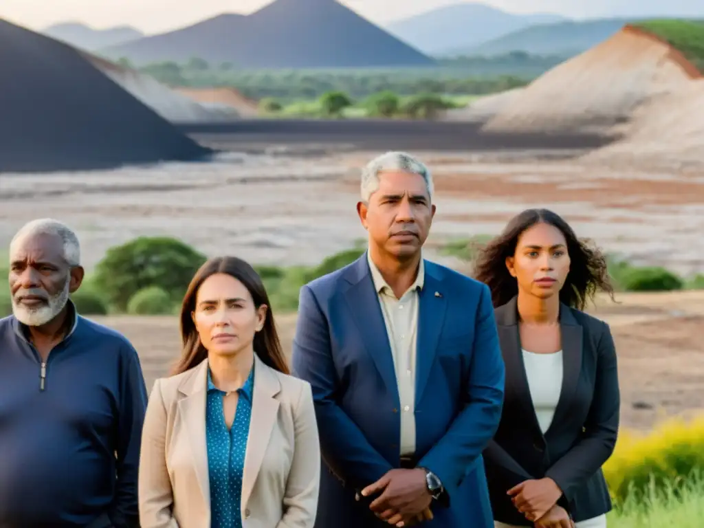 Unidos por el cambio climático: diversidad y determinación Un grupo diverso de personas mira un paisaje afectado por el cambio climático con determinación y preocupación