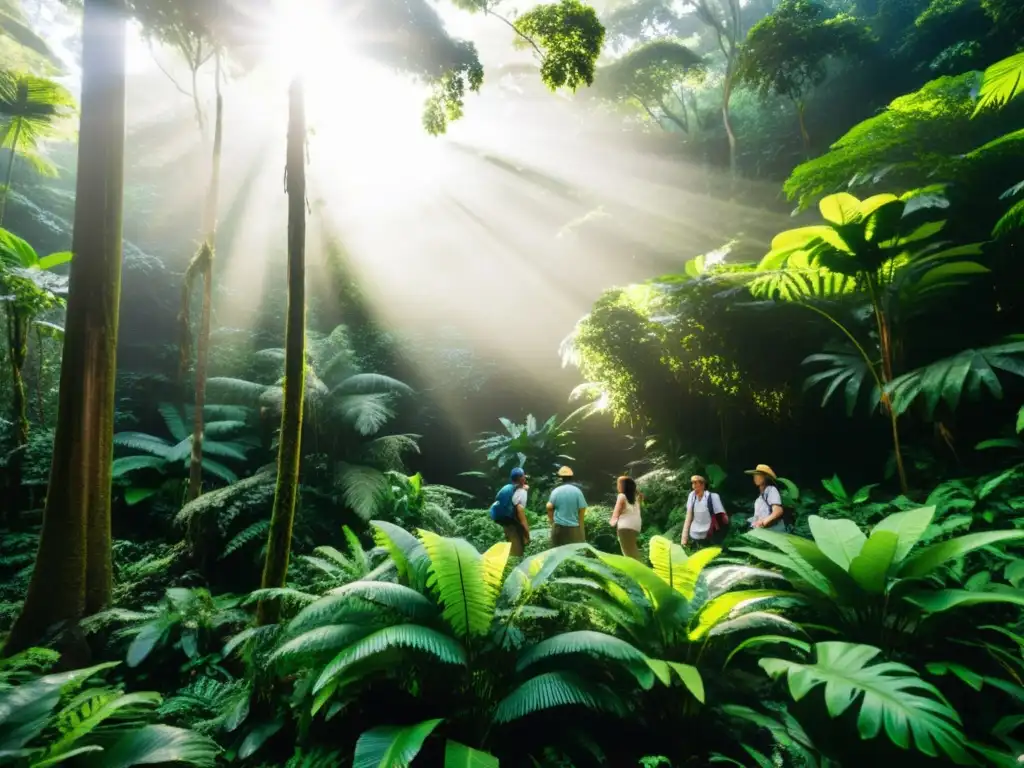 Exploración en la selva: ecoturistas en un paraíso verde Grupo de ecoturistas explorando selva exuberante, conviviendo con tribus en reservas naturales