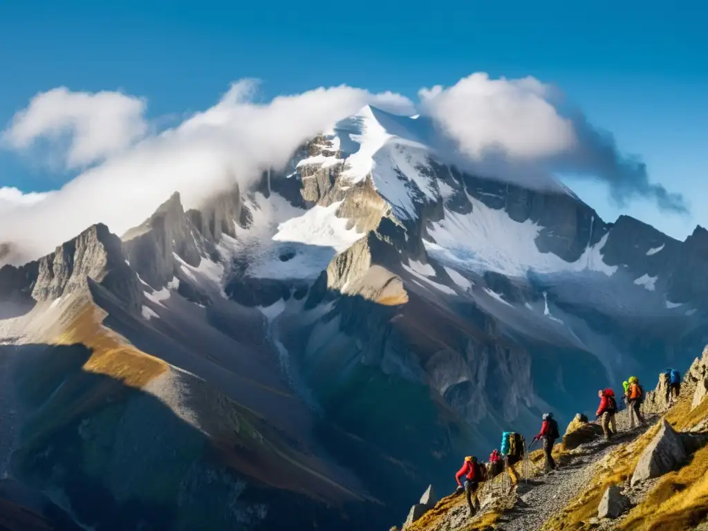 Desafío en la cima: Escalada en montañas nevadas Un grupo de escaladores se aventuran a ascender picos nevados en una cordillera remota