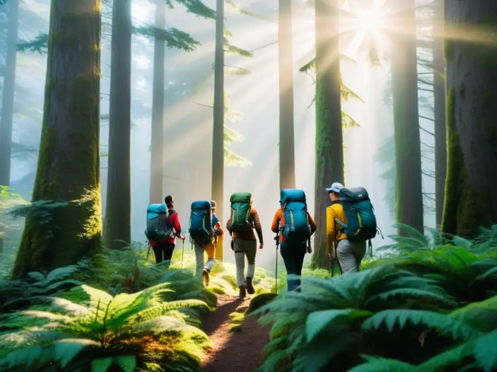 Exploración en bosque misterioso: hikers trekking con mochilas de alta gama Grupo de excursionistas en la selva con las mejores mochilas para largas aventuras