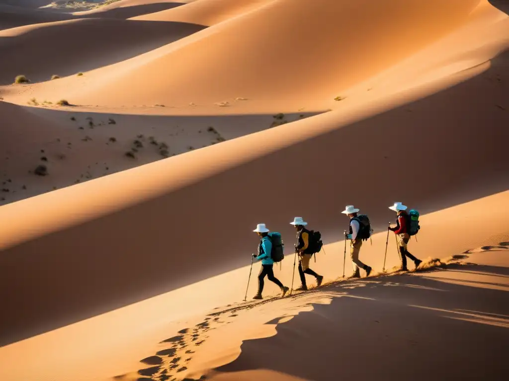 Expedición al Desierto: Protección Solar Avanzada Un grupo de exploradores camina por un paisaje desértico y escarpado, usando ropa especializada con protección UV