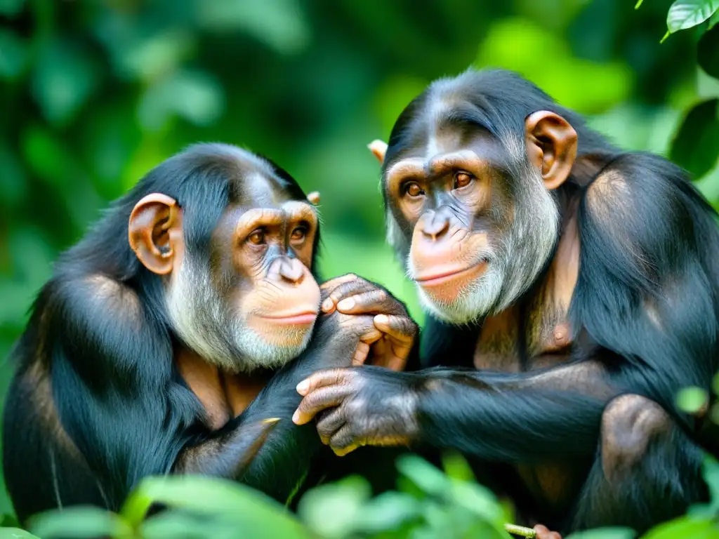 Ritual de Aseo: Chimpancés Cuidadosamente Grooming en la Selva Un grupo de chimpancés se cuida mutuamente en una exuberante selva