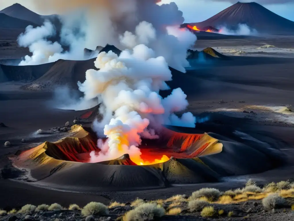 Maravillas volcánicas: fumarolas y paisaje vibrante Grupo de fumarolas emitiendo vapor en un paisaje volcánico, capturando la belleza de los fenómenos naturales fumarolas géiseres volcánica