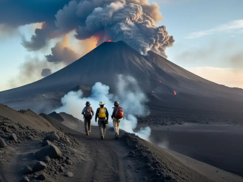 Un grupo con máscaras y gafas atraviesa un paisaje brumoso tras una erupción volcánica