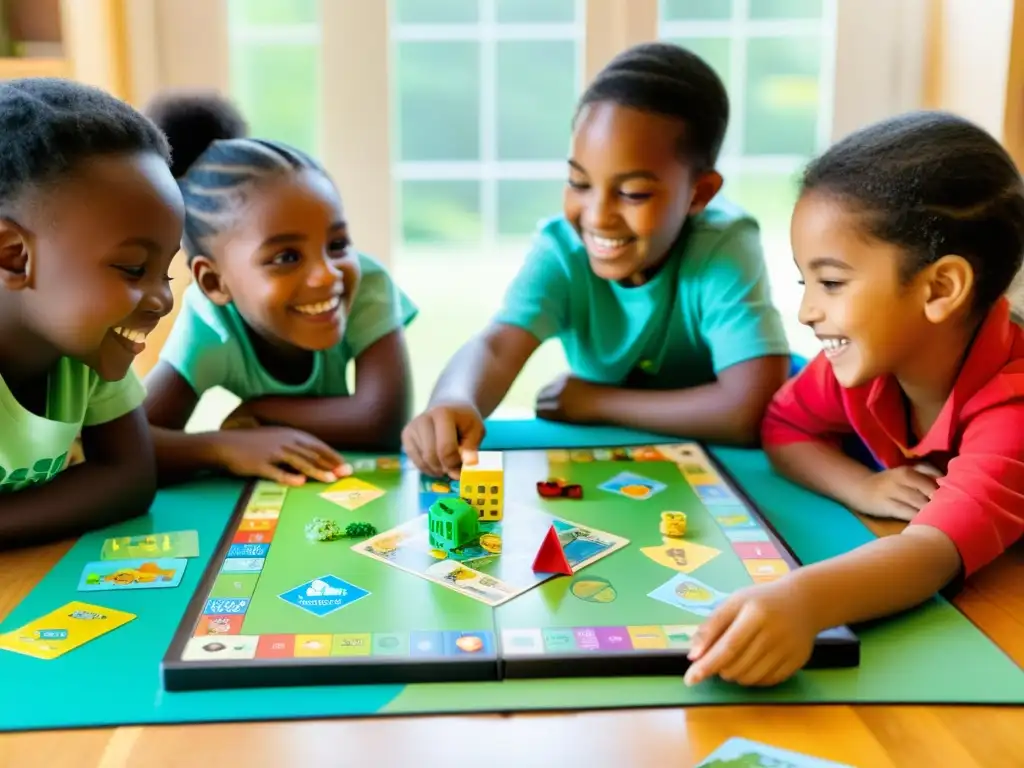 Juego de reciclaje: diversión y conciencia ambiental Un grupo de niños de diferentes edades disfruta de un juego educativo sobre ecología y medio ambiente