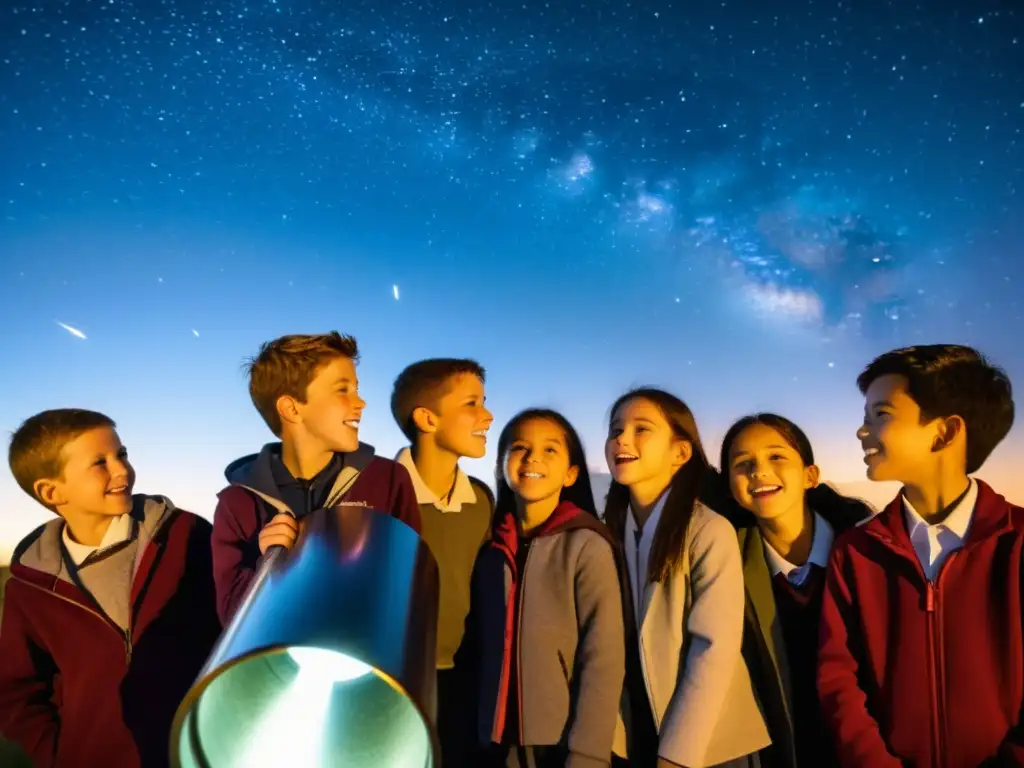 Niños observando estrellas con asombro y curiosidad Grupo de niños observando el universo a través de un telescopio, con expresiones de asombro