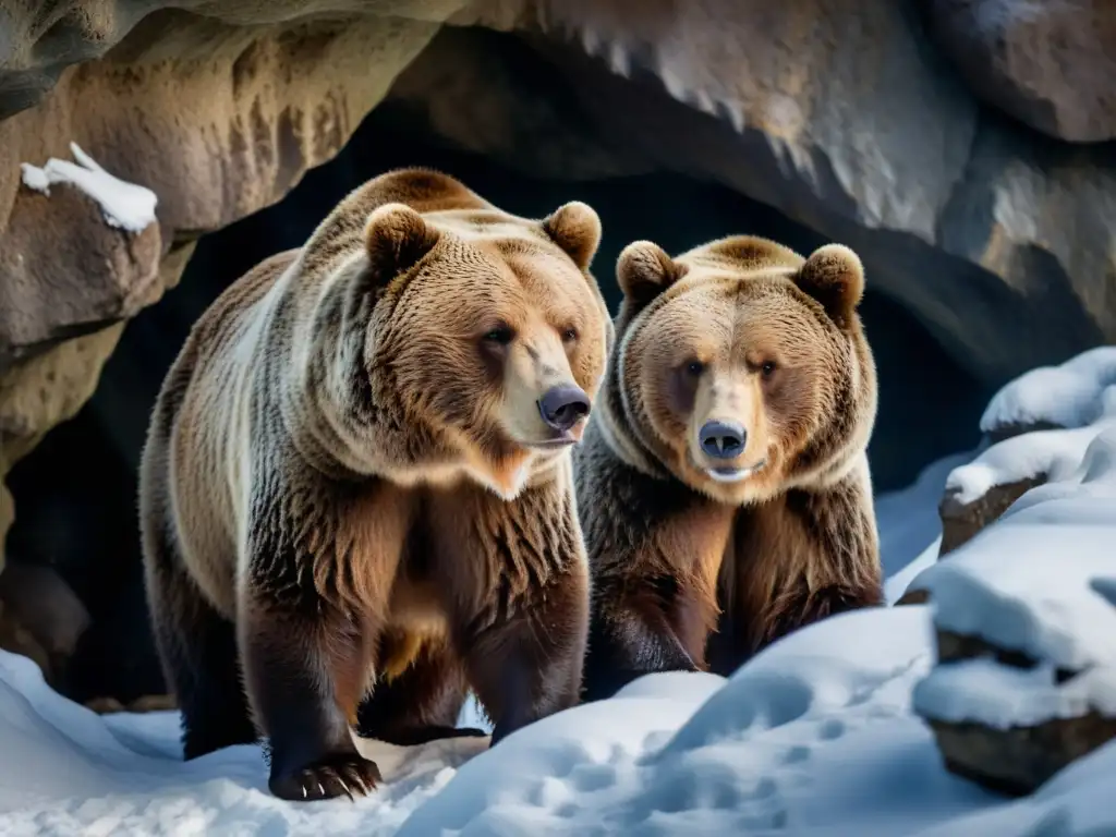 Refugio invernal: Oso pardo en letargo en la oscuridad nevada Un grupo de osos marrones en una cueva nevada, algunos dormidos y otros despiertos, creando una escena etérea