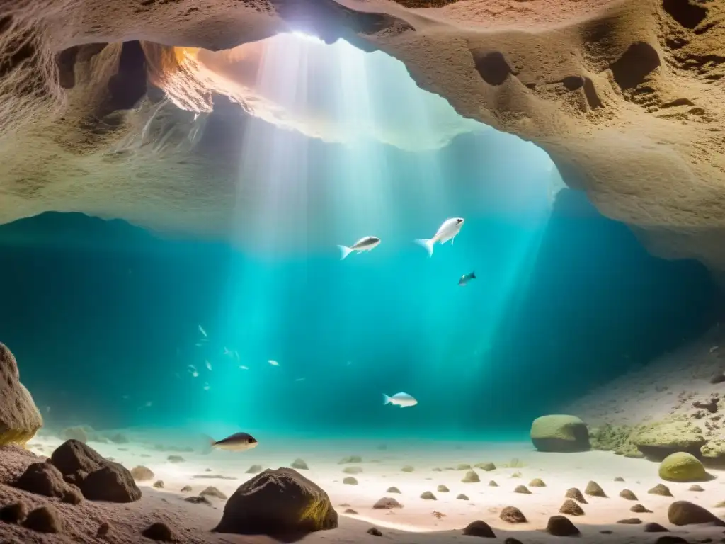 Fantasmagóricos peces cavernícolas nadan en la oscuridad Grupo de peces cavernícolas ciegos nadando en aguas cristalinas y oscuras, adaptados a la completa ausencia de luz con apariencia casi fantasmal