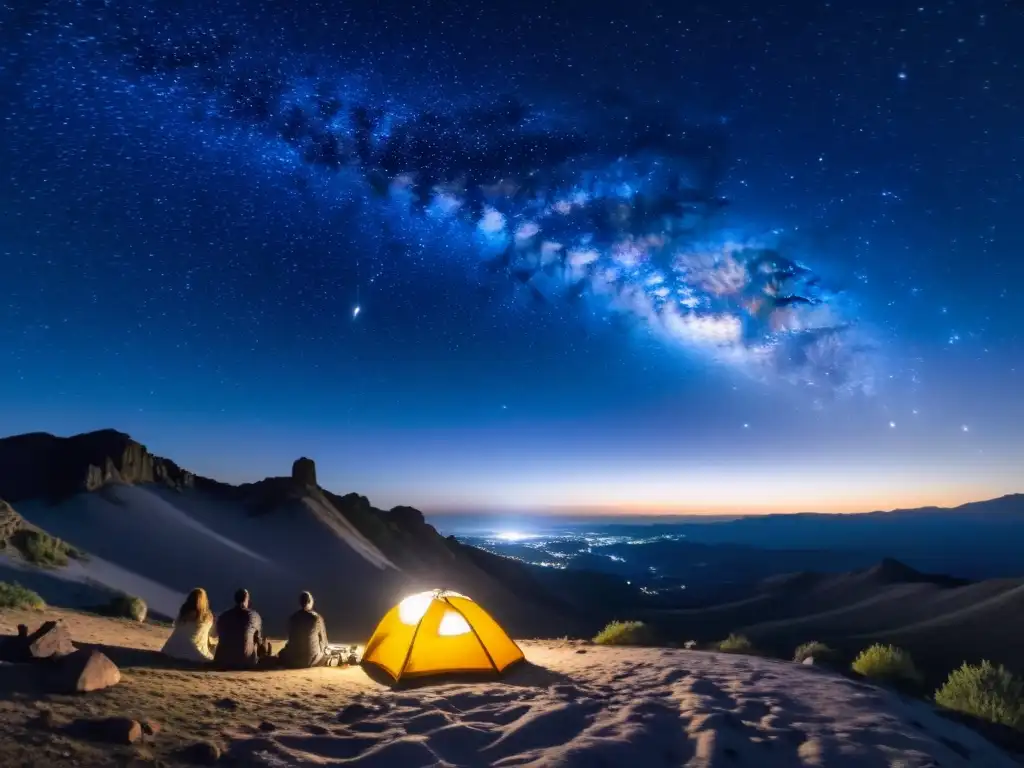 Espectáculo celestial: Perseidas bajo la Vía Láctea Grupo de personas observa el espectáculo de las Perseidas bajo un cielo estrellado y la Vía Láctea