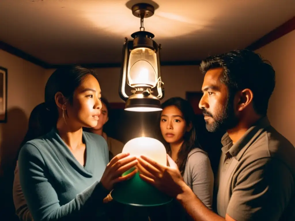 Esperanza en la oscuridad: sobreviviendo al terremoto Un grupo de personas se abrazan en una habitación iluminada por una linterna durante un terremoto