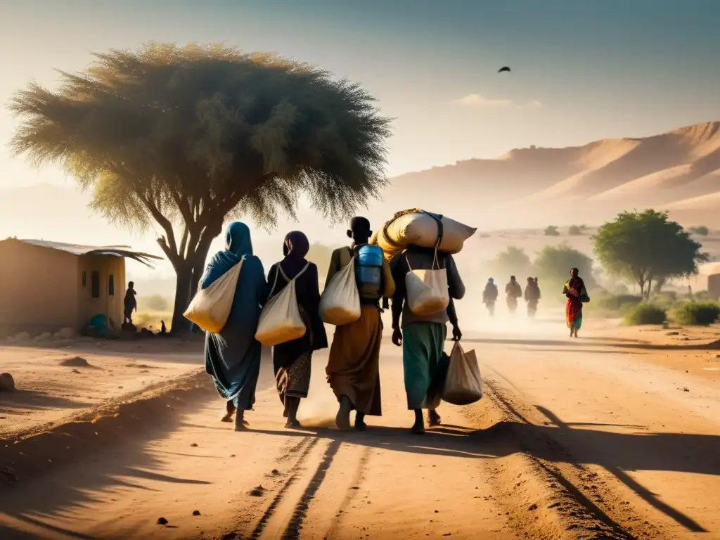 Migrantes desafiando el clima: caminata bajo el sol Un grupo de refugiados camina por un polvoriento camino bajo el sol, cargando sus pertenencias