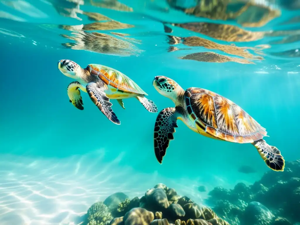 Emocionante migración de tortugas marinas en aguas cristalinas Un grupo de tortugas marinas majestuosas nada grácilmente en aguas turquesa cristalinas, con sus caparazones reluciendo al sol en su migración anual