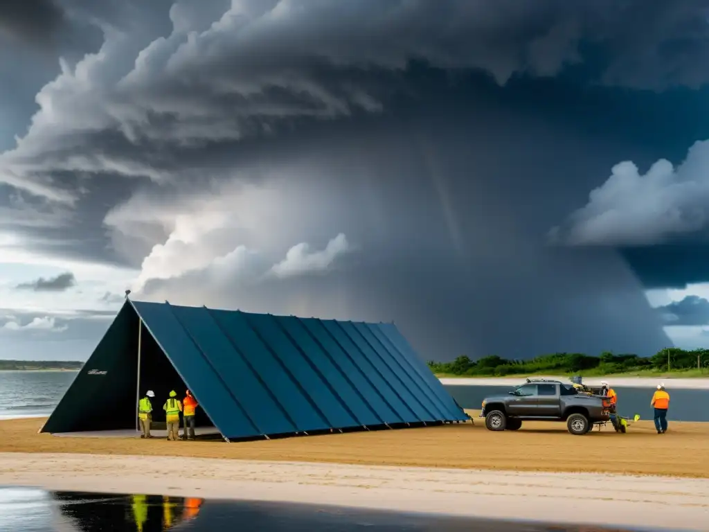 Construcción urgente de refugio ante huracán en zona costera Grupo de trabajadores montando refugio resistente a huracanes en la costa, con nubes de tormenta
