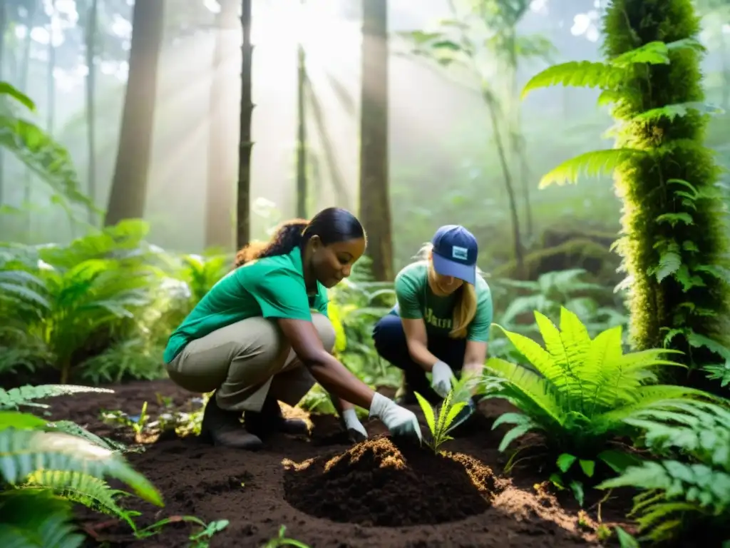 Reforestación en Selva: Voluntarios plantan árboles en biodiverso paraíso Grupo de voluntarios plantando árboles en una exuberante selva