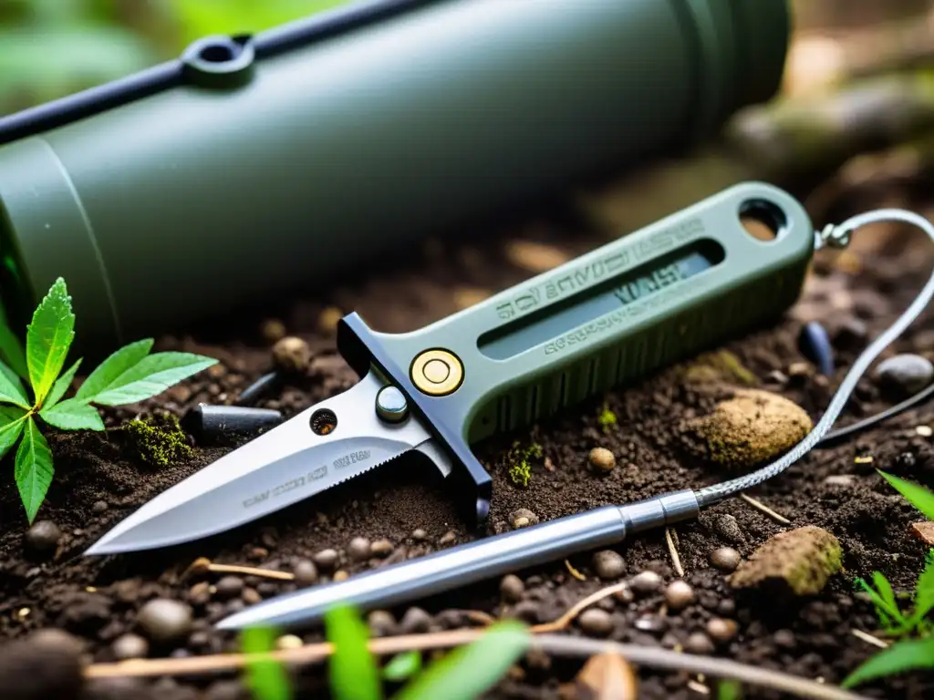 Herramienta multifunción para exploración en la naturaleza, detallada y cubierta de barro, en un exuberante bosque