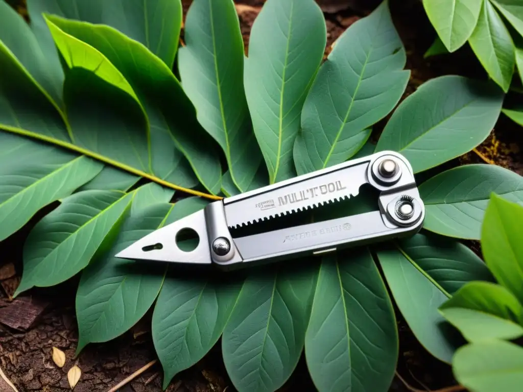 Una herramienta multifunción para exploración en la naturaleza, con detalles intrincados y una atmósfera de aventura y exploración científica