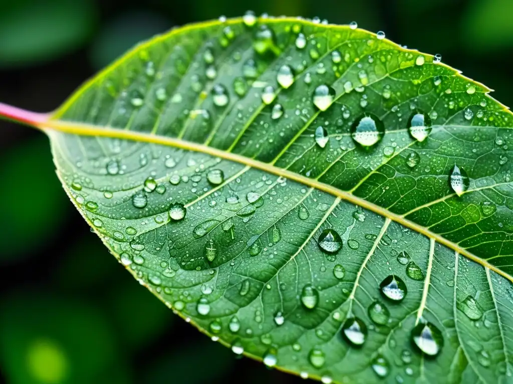 Esencia natural: hoja verde con gotas de lluvia Una hoja vibrante cubierta de gotas de lluvia, reflejando la exuberante vegetación