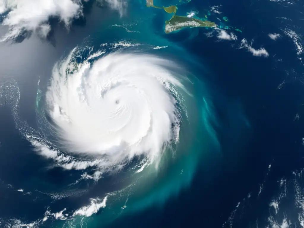 Imponente huracán desde el espacio: detalle impactante Satélite observa un huracán masivo sobre el océano, con detalles del ojo de la tormenta y potentes bandas de nubes