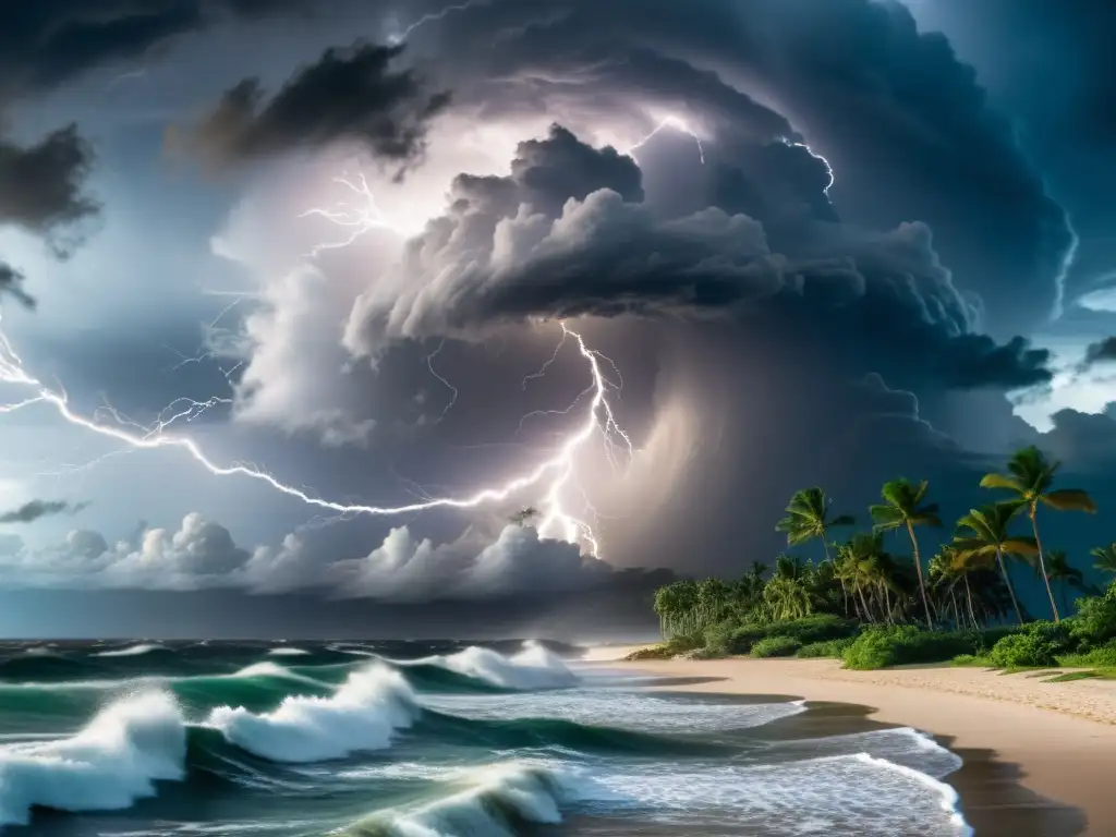 Un huracán poderoso se acerca a la costa, con nubes oscuras e intensas sobre el mar agitado