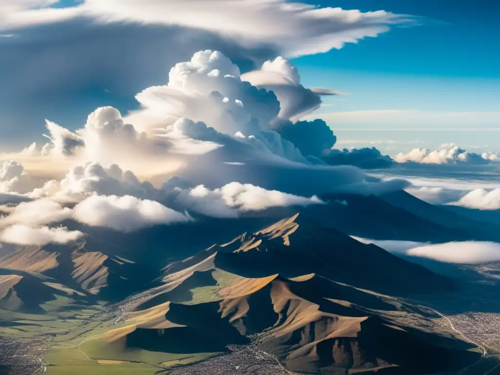 Nubes en Movimiento: Aérea y Dinámica Imagen aérea de formaciones y velocidad de nubes, destacando su dinámica y contrastes en el cielo