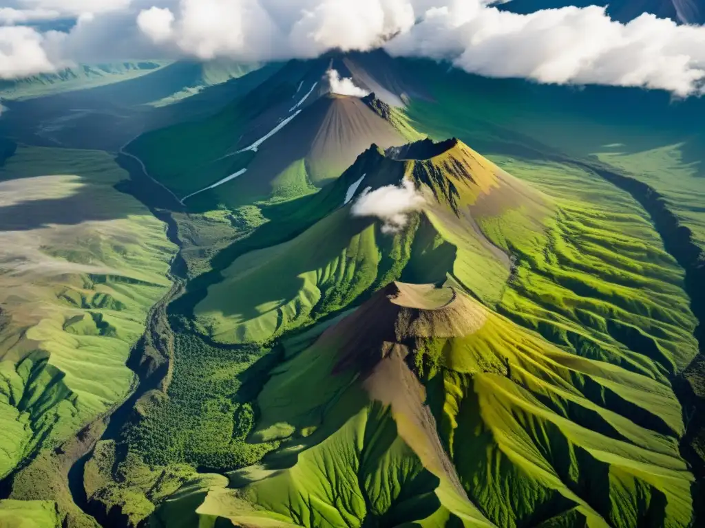 Imagen aérea de impresionante paisaje tectónico con volcanes nevados y líneas de falla