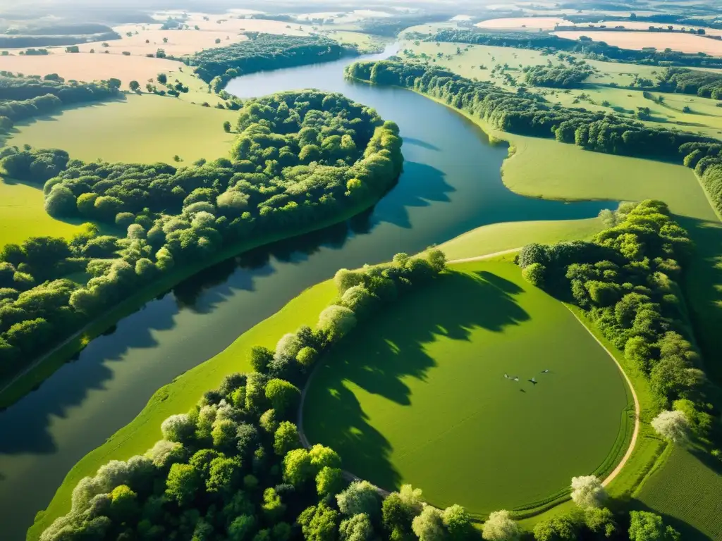 Esplendor natural: paisaje verde y aves migratorias Imagen aérea impresionante de un paisaje verde exuberante, ríos serpenteantes y aves migratorias