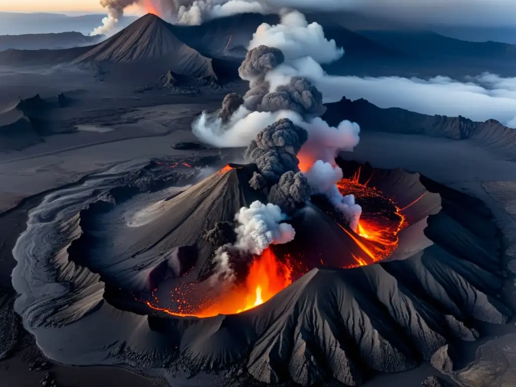 Erupción volcánica: poder destructivo y paisaje transformado Imagen aérea de erupción volcánica con lava fluyendo por la montaña