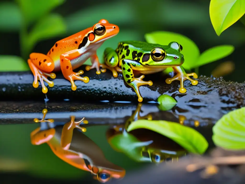 Amfibios en su hábitat natural: belleza y adaptación Una imagen de alta resolución que muestra la diversidad de especies de anfibios, como ranas, sapos y salamandras, en su hábitat natural