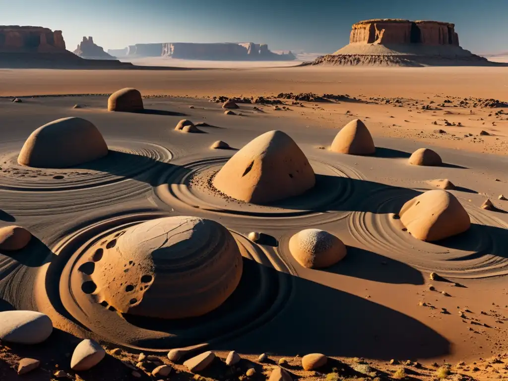 Rocas enigmáticas en paisaje desolado: arte conceptual Imagen de arte conceptual: misterio de las rocas errantes en un paisaje desolado y enigmático