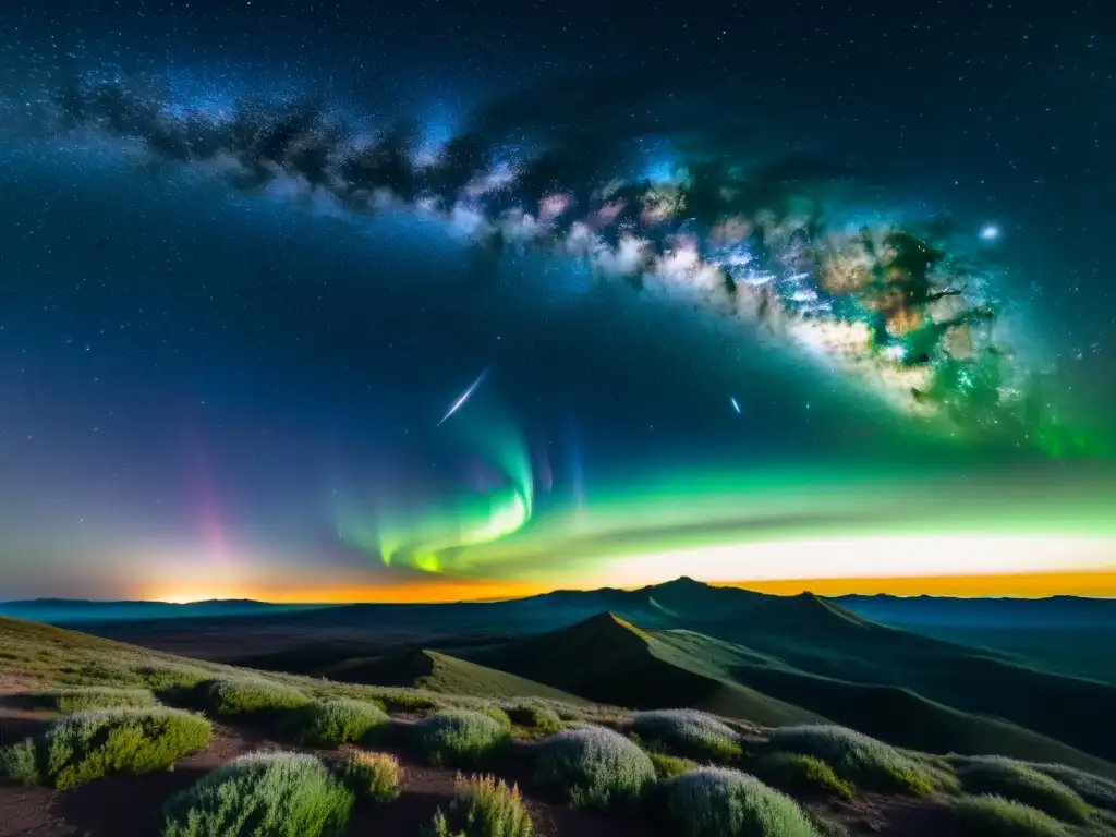 Espectacular imagen de la Vía Láctea y aurora boreal en alta resolución Imagen asombrosa del cielo nocturno, con estrellas, galaxias y nebulosas
