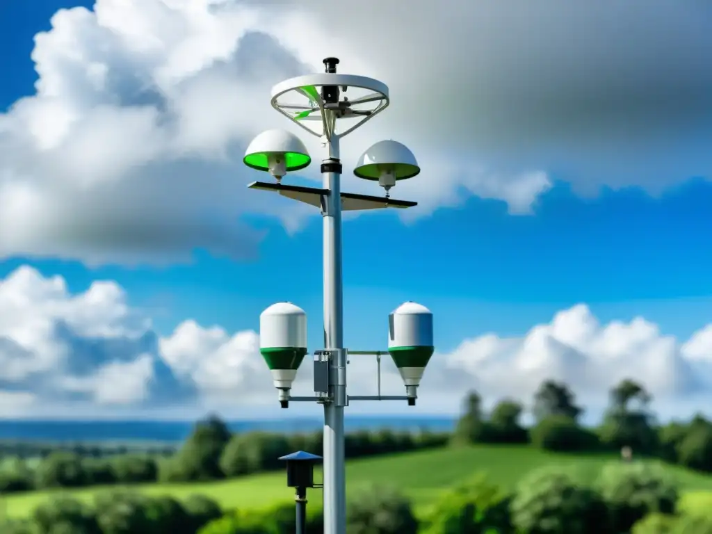 Detalles precisos de estación meteorológica Una imagen detalla un conjunto de sensores de estación meteorológica con paisaje verde y cielo azul