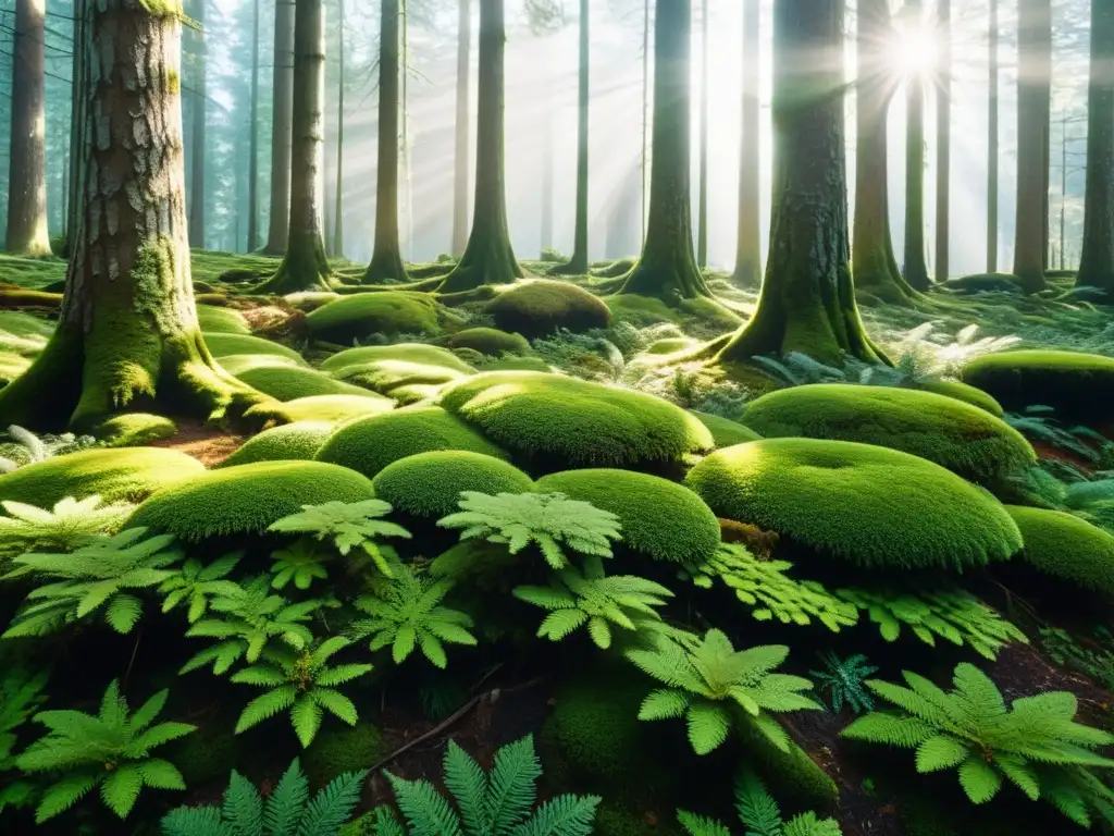 Bosque de Coníferas: Microclima y Flora Especializada Imagen detallada de un denso bosque de coníferas, con luz filtrándose a través del dosel y creando patrones de luz y sombra en el suelo del bosque