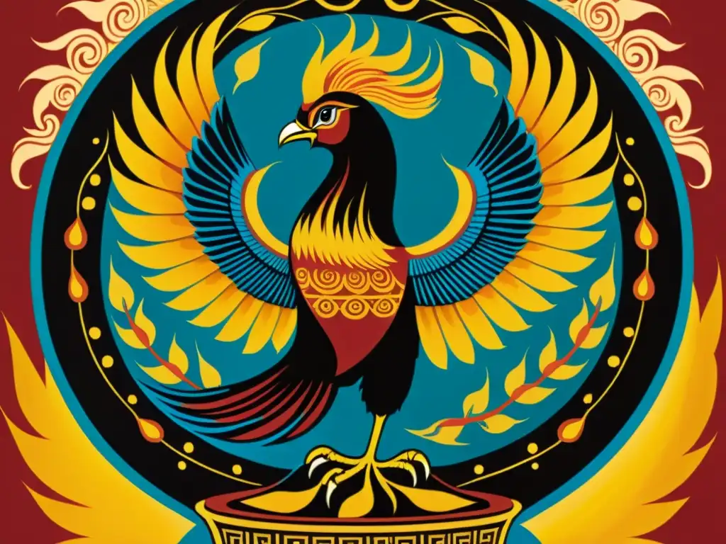 Vibrante representación del fénix renaciendo en un jarrón griego Imagen detallada de un jarrón griego con una pintura del ave fénix renaciendo de las cenizas, simbolismos renacimiento diversas culturas